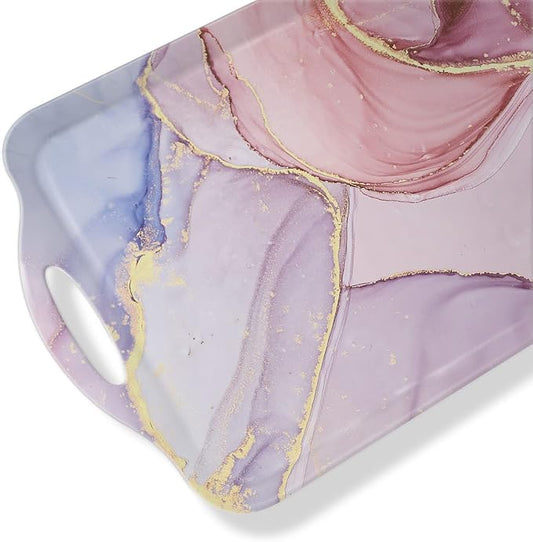 Serving Tray Decorative Tray with Handles Multi-Purpose Rectangular Serving Trays for Restaurant, Parties, Coffee Table, Kitchen - Pink Marble Pattern