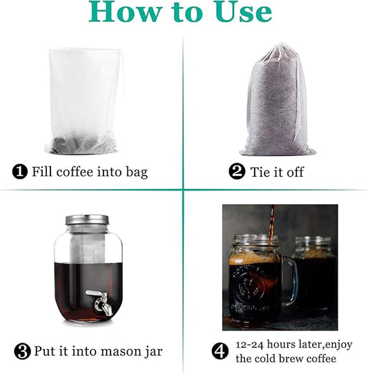 Yzurbu 100pcs 8''x12'' Cold Brew Coffee Bags, No Mess Disposable Filter Bag with Drawstring for Coffee Grounds & Ice Tea