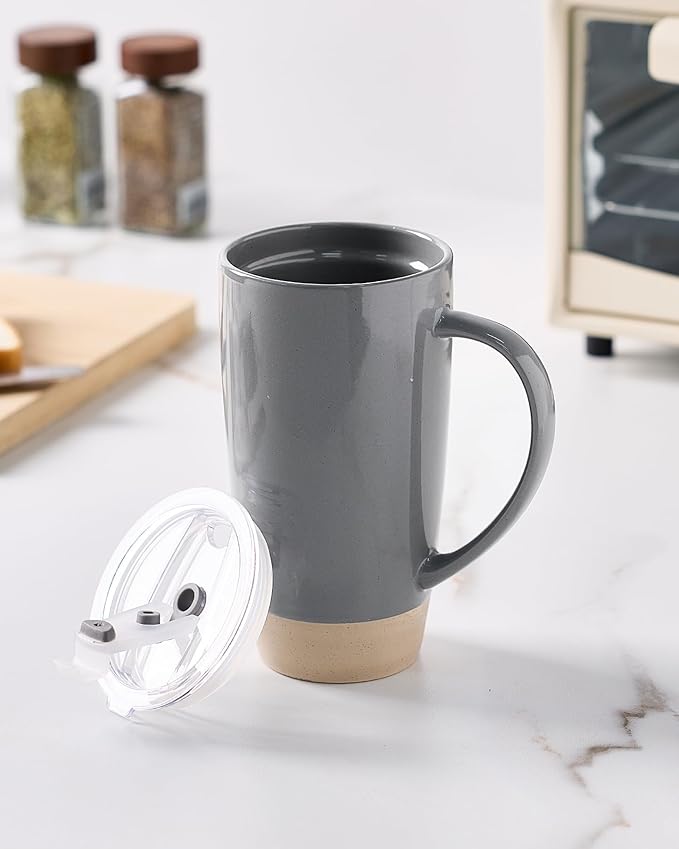 famiware Milkyway Coffee Mugs, 20oz Large Coffee Mug, Ceramic Mug Set of 2 with Lid, Cup Set with Handle for Latte, Tea, Cocoa, Milk, Home & Office, Cinnamon Brown and Dark Gray