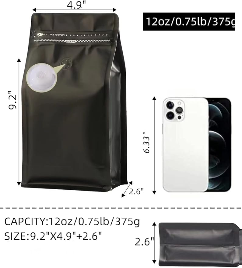 Coffee Bags with Valve - 12 oz, 100pcs Black Aluminum Foil Flat Bottom Heat Sealed Coffee Beans Packaging Bags with Side Zipper Resealable for Home or Business