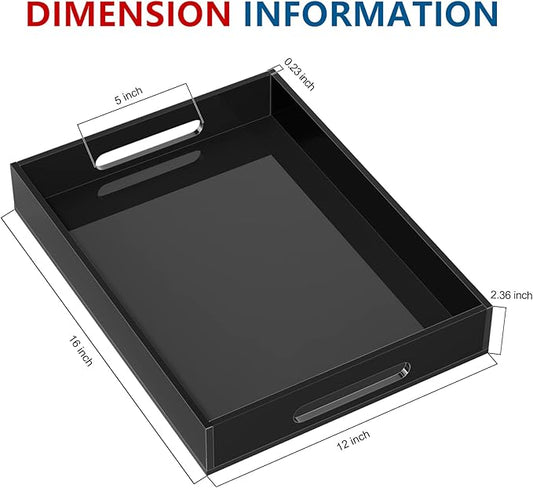 Acrylic Serving Tray with Handles-16x12x2.36Inch-Decorative Tray Letter Tray Organizer for Ottoman Coffee Table Countertop, Black