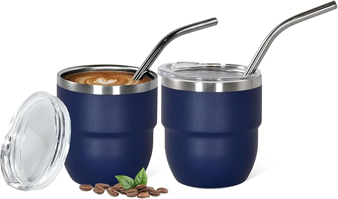 4oz Stackable Cup, Vacuum Insulated Espresso Cup Set of 2, Espresso Shot Glass for Coffee, Double Wall Stainless Steel Mini Tumbler Shot Glasses with Straw and Lid
