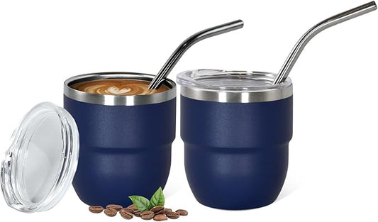 4oz Stackable Cup, Vacuum Insulated Espresso Cup Set of 2, Espresso Shot Glass for Coffee, Double Wall Stainless Steel Mini Tumbler Shot Glasses with Straw and Lid