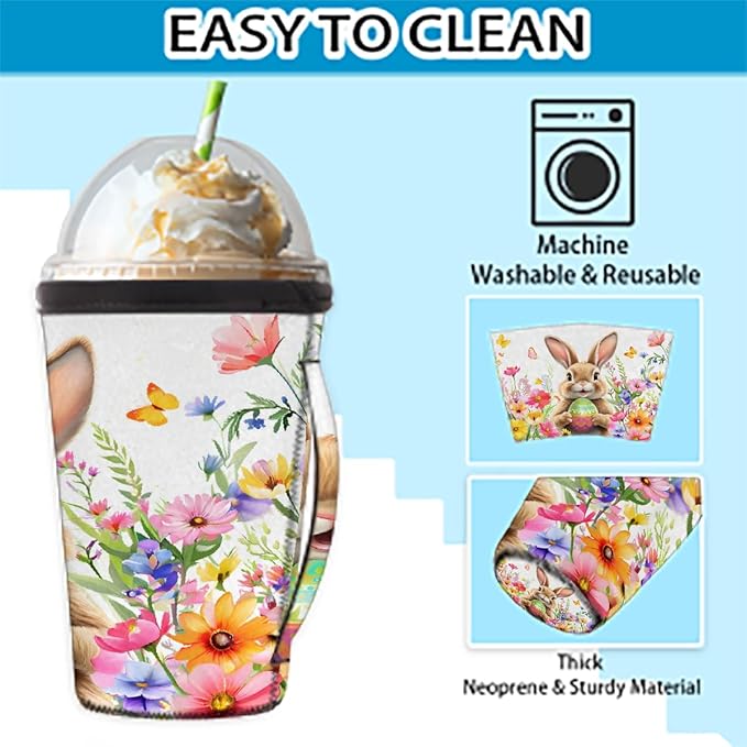 Flowers with Rabbit Reusable Coffee Sleeves Iced Coffee Cozy Insulator, Neoprene Holder with Handle for Cold Coffee or Ice Drink, Small 16-18oz