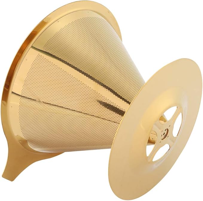 Pwshymi Stainless Steel Coffee Dripper, Gold Pour Over Coffee Filter with Double Mesh and Silicone Base, for Home Office Travel Camping
