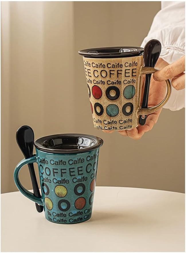 Ceramic Coffee Mugs Set of 1, 12 oz Stoneware Coffee Cup with Spoon and Lid, Cup for Latte, Tea, Cappuccino, Cocoa, Microwave Dishwasher Safe, Modern Unique Aesthetic Christmas Gift, Green Letter Cup