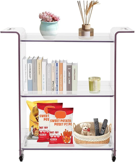 Rolling Serving Cart 3-Tier Small Bar Cart with Lockable Casters Storage Rolling Trolley 66lbs Capacity Mobile Kitchen Trolley for Home, Kitchen, Cafe (28 * 11.8 * 28.7in, Clear)