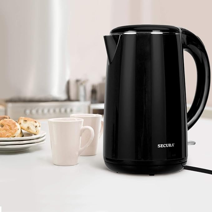Secura Original Stainless Steel Double Wall Electric Water Kettle 1.8 Quart with Auto Shut-Off & Boil-Dry Protection, Black Onyx SWK-1701DA/HB-3227B