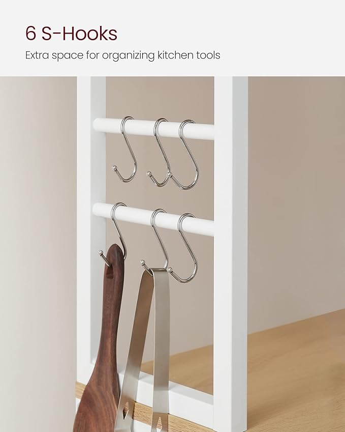 VASAGLE Coffee Bar, 31.5 Inches Baker's Rack for Kitchen with Storage, 6-Tier Kitchen Shelves with 6 Hooks, Microwave Stand, Modern, Golden Oak and Cloud White UKKS019W09