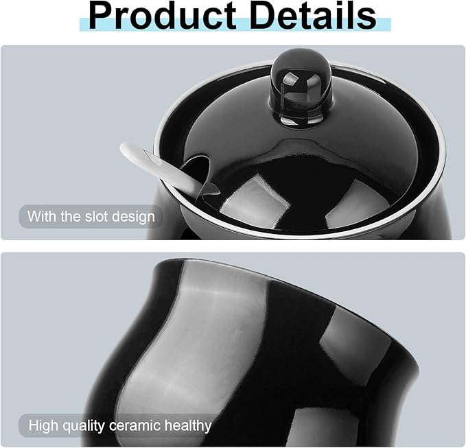 12 OZ Ceramic Sugar and Creamer Set, Coffee Serving Set, 3 Piece Cream Pitcher Sugar Bowl with Lid and Spoon (Black)