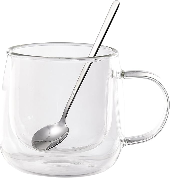 Double Wall Insulated Latte Glasses 10oz with Handle - Set of 1, Clear Glass Mugs for Cappuccino, Espresso, Tea & Hot Drinks