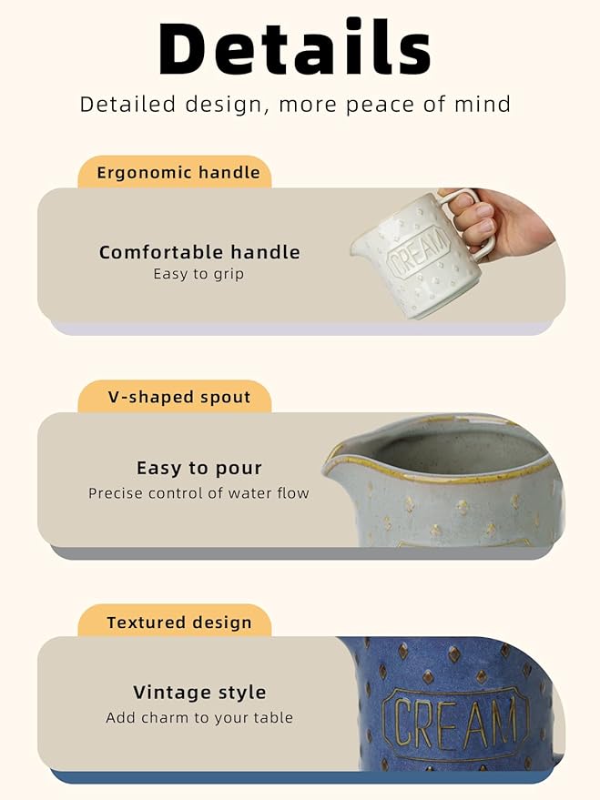9 OZ Creamer Pitcher, Ceramic Creamer with Handle, Small Milk Pitcher Cup for Coffee, Sauces, Salad, Microwave & Dishwasher Safe (Vintage Grey)
