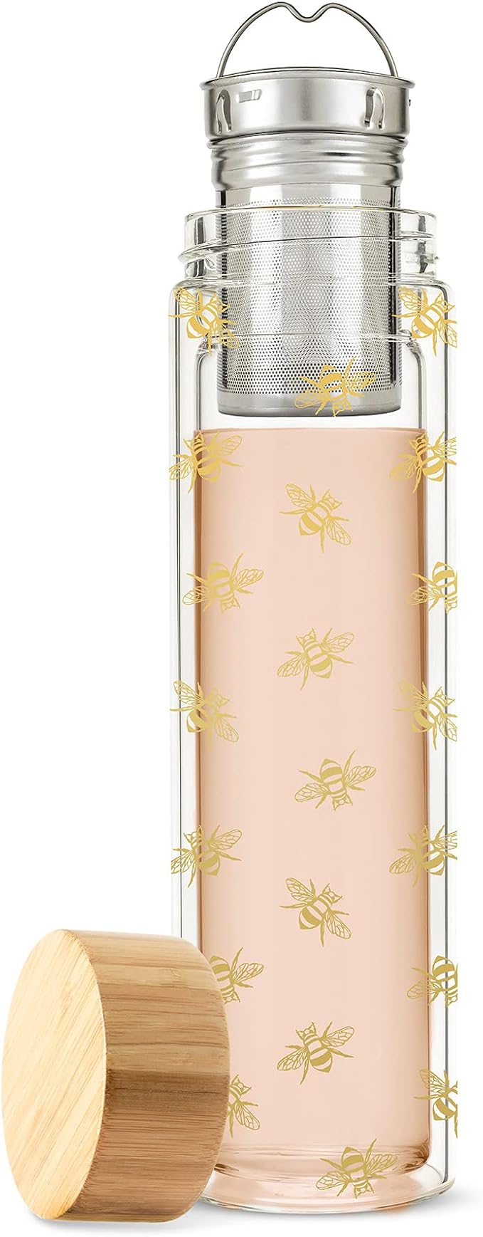 Pinky Up Blair Tea Infuser Mug with Strainer and Lid, Double Walled Glass Tumbler for Home Office, Travel, Picnic, Camping, 16 oz, Set of 1, Arabesque Gold