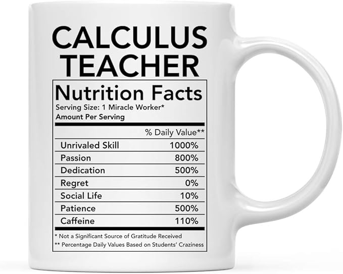 Andaz Press Funny 11oz. Ceramic Coffee Tea Mug Thank You Gift, Calculus Teacher Nutritional Facts, 1-Pack, Novelty Gag Birthday Christmas Gift Ideas Coworker