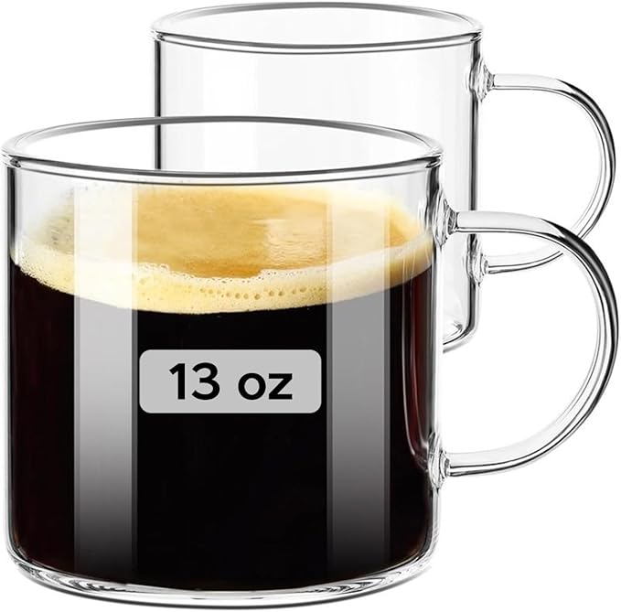 Bexter Pack of 2 Clear Glass Coffee Mugs – 13 oz Heavy-Duty Thick-Walled Cups for Hot Beverages – Durable, Elegant, Heat-Resistant Glassware for Coffee, Tea, Lattes, and More