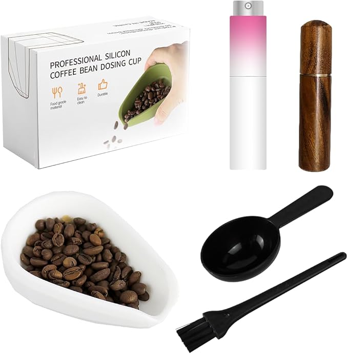5 Pack Professional Silicone Coffee Bean Dosing Cup, Spray Bottle, WDT Espresso Coffee Stirrer Tool, Bean Spoon, Cleaning Brush，Coffee Bar Accessories for Static Reduction (White)