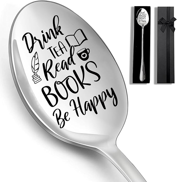 Drink Tea Read Books Stainless Steel Spoon, Long Handle Coffee Spoon and Ice Cream Spoon for Tea Book Lovers Men Boys and Girls Birthdays Christmas Thanksgiving Gifts