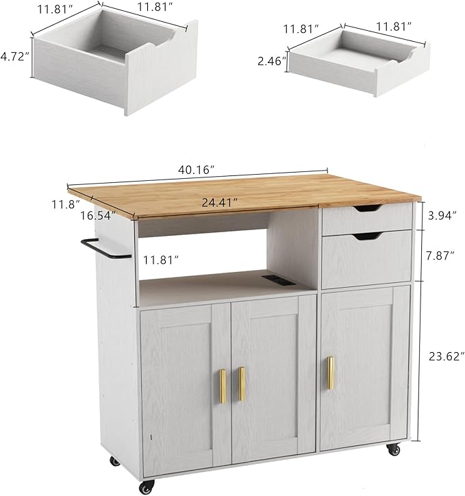 Rolling Mobile Kitchen Island Cart with Desktop Drop Leaf Countertop, Island Table Storage with 5 Wheels, Rolling Kitchen Cabinet with Power Socket (White, Model 2)