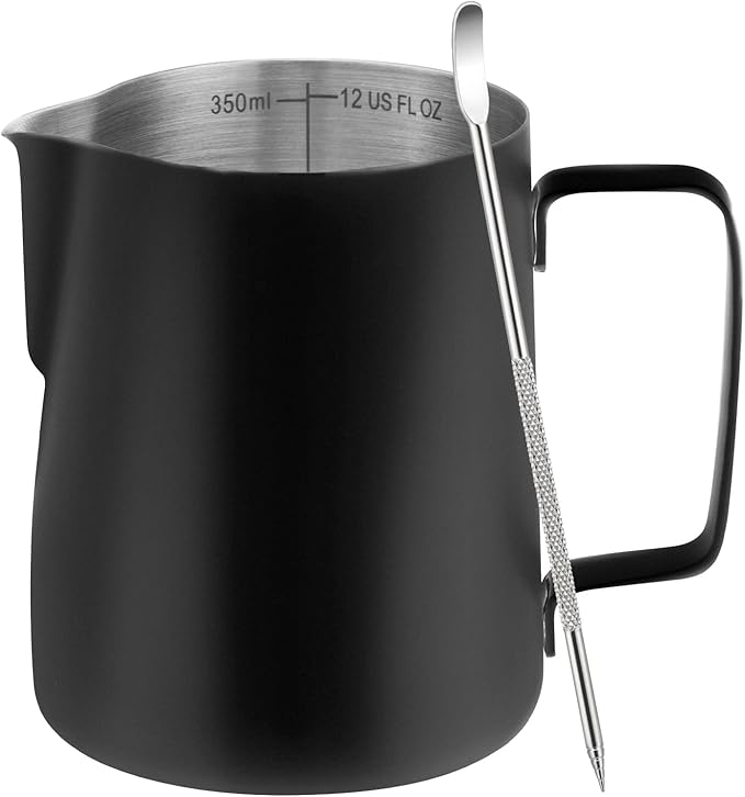 Milk Frothing Pitcher, 12oz Milk Frother Cup with Clear Scale, 304 Stainless Steel Cappuccino Espresso Machine Accessories for Barista Coffee Bar with Latte Art Pen, Black