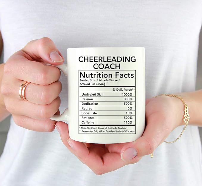 Andaz Press Funny 11oz. Ceramic Coffee Tea Mug Thank You Gift, Cheerleading Coach Nutritional Facts, 1-Pack