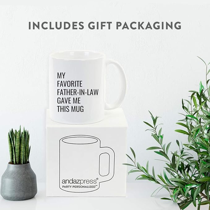 Andaz Press Funny 11oz. Coffee Mug Gift, My Favorite Father-in-Law Gave Me This Mug, 1-Pack, Christmas Birthday Drinking Cup for Him Her Family in Laws Relatives