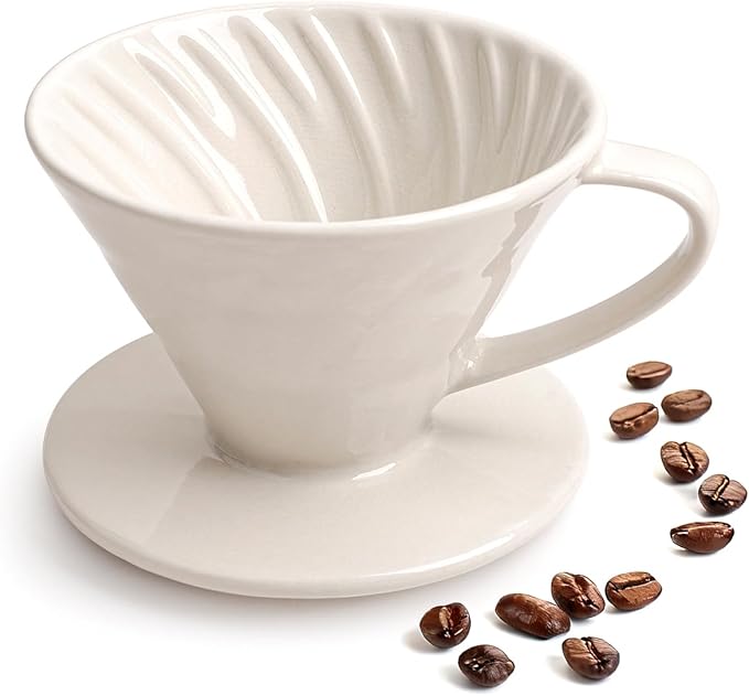 Pour Over Coffee Maker, Single Cup Ceramic Coffee Dripper, Reusable Filter Cone Drip Holder Slow Brewer with Hole Flat Bottom for Home, Office, Travel, Camping (White)