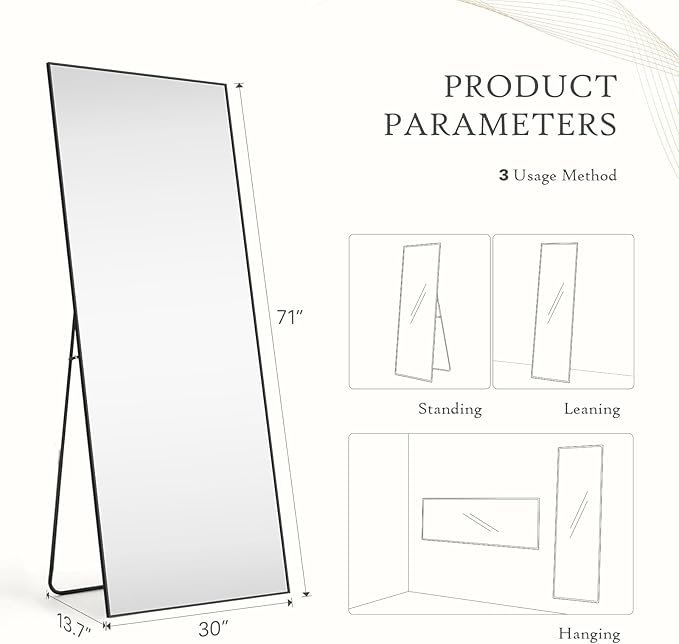 NEWBULIG Full Length Mirror, Upgraded Body Wall Mirrors with Shatter-Proof Glass, Floor Standing Mirror, Home Wall Decor