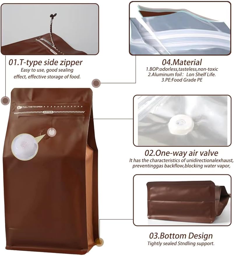 Coffee Bags with Valve(16 oz,1 lb,100pcs) Brown High Barrier Aluminumed Foil Flat Bottom Heat Sealed Coffee Beans Packaging Bags Side Zipper Resealable for Home or Business