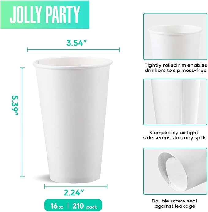 JOLLY PARTY 210 Pack 16 oz Disposable Paper Coffee Cup, Hot/Cold Beverage Drinking Cups for Water, White Paper Hot Coffee Cups