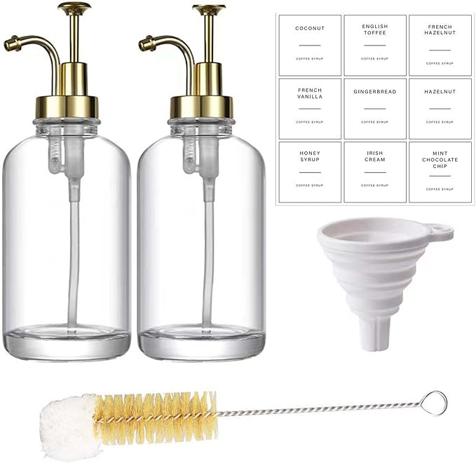 Coffee Syrup Dispenserfor, 2pcs 16.9oz Coffee Bar Accessories with Foldable Funnel, Syrup Dispenser with 36 Labels and Brush, Coffee Syrup Bottles with Gold Upgraded Pump (Gold)