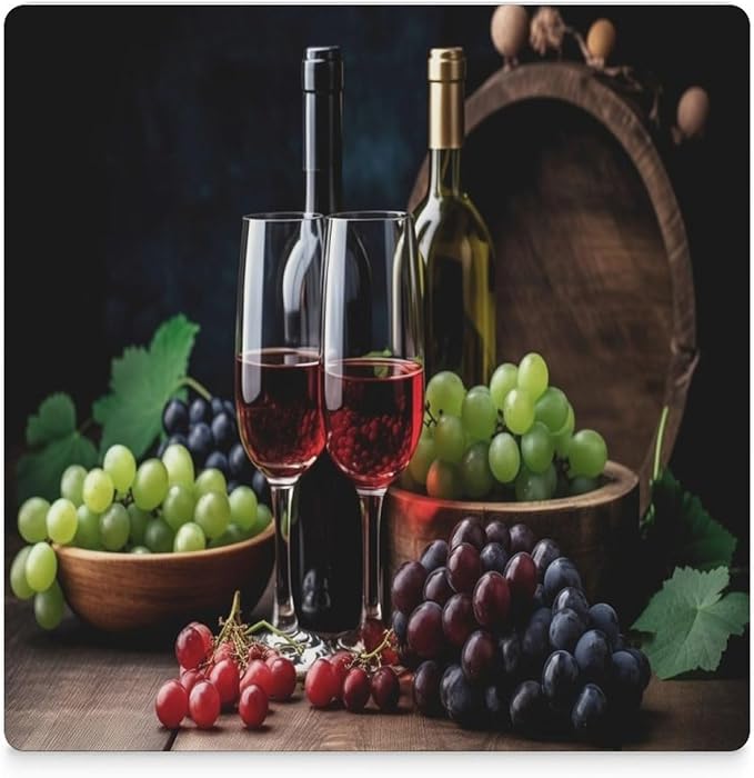 Square-6PCS Red Wine Ceramic Coasters, Square Absorbent Drink Coasters, Retro Wood Style Red Wine Bottle and Grapes Plant Pattern Ceramic Table Coasters for Coffee, Beverage, Wine, Beer Coasters