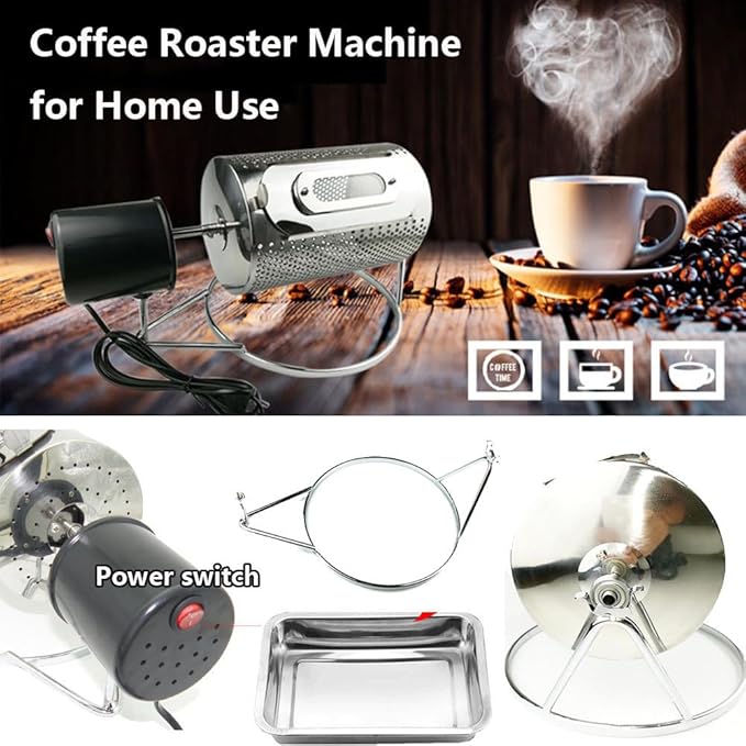 Coffee Roaster Machine for Home Use, Stainless Steel Roasting Machine with Visible Window and Stainless Steel Tray, Speed 30 Rum/Min, 250g Capacity for Grains Baking Nuts Beans