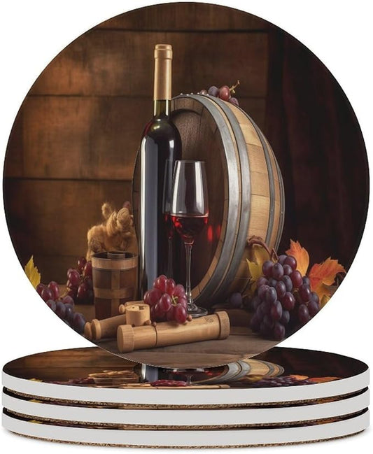 Round-4PCS Red Wine Ceramic Coasters, Round Absorbent Drink Coasters, Vintage Wood Grain Style Red Wine Grapes Maple Leaf Ceramic Table Coasters for Coffee, Beverage, Wine, Beer Coasters