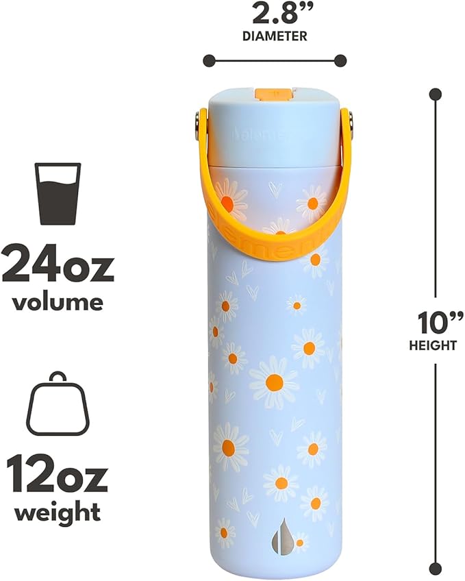 Elemental 24oz Insulated Water Bottle with Straw - 100% Leak-Proof Stainless Steel Core Water Bottles for Travel, Sports and Gym - Double Wall Insulation & BPA Free - Daisy Daydream
