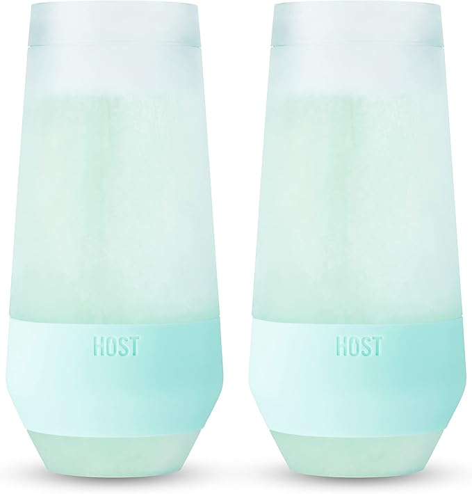 HOST Champagne Freeze Double-Walled Stemless Wine Glasses Freezer Cooling Cups with Active Cooling Gel and Insulated Silicone Grip - 9 Oz Plastic Tumblers, Seafoam Tint, Set of 2