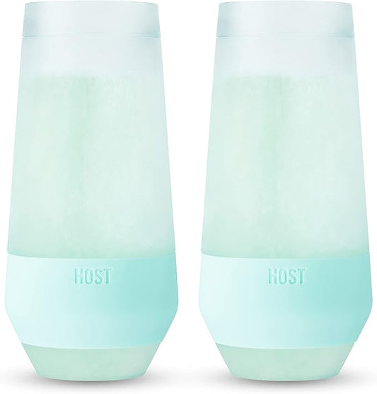 HOST Champagne Freeze Double-Walled Stemless Wine Glasses Freezer Cooling Cups with Active Cooling Gel and Insulated Silicone Grip - 9 Oz Plastic Tumblers, Seafoam Tint, Set of 2