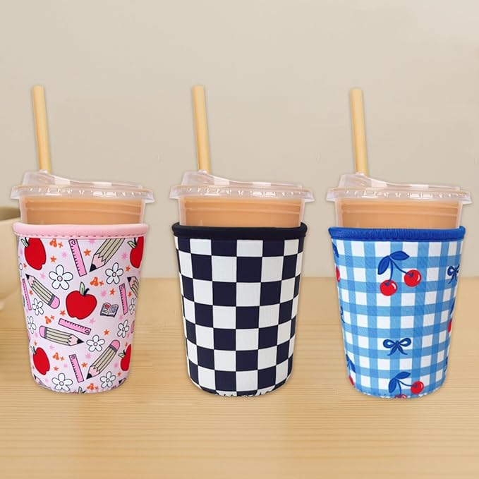 Reusable Insulated Neoprene Iced Coffee Cup Sleeve, Durable Drink Sleeve for Cold Beverages, Beverage Holder for Iced Coffee, Cherry Bows