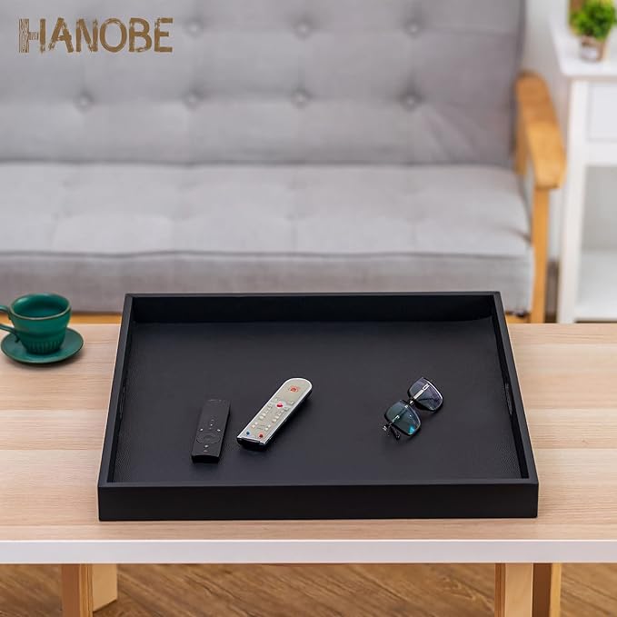 Hanobe Square Large Ottoman Tray: Extra Large Black Serving Tray for Ottomans Big Leather Decorative Tray with Handles for Coffee Table Living Room 22" x 22"