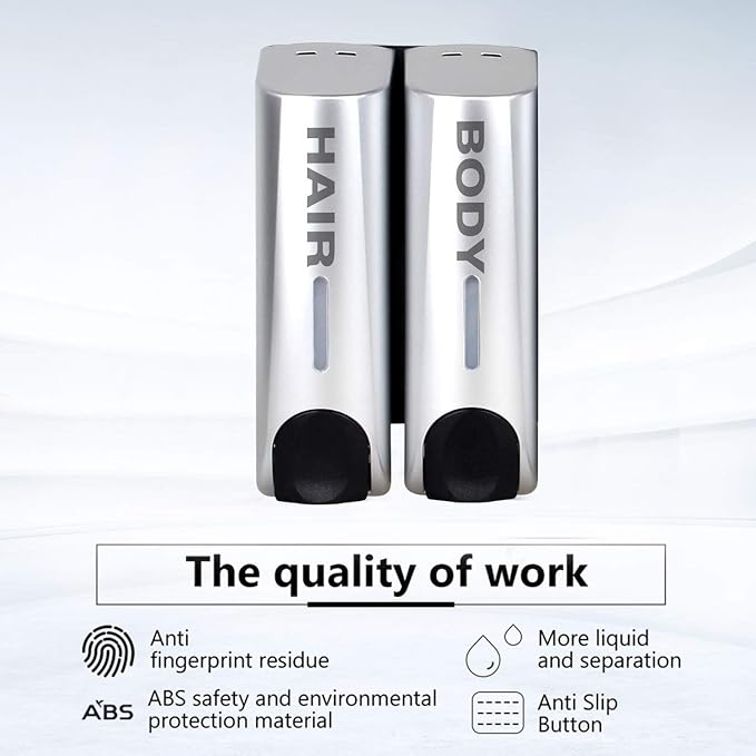 Wall Mounted Shower Soap Dispenser 2 Chamber No Drill Shampoo Dispenser for Shower, Refillable Shampoo Bottles, Wall Shampoo and Body Wash Dispenser for Bathroom Hotel 2 * 350ml Silver