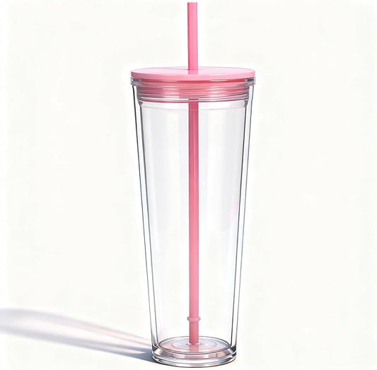 24oz Tumbler with Lid and Straw, Leak Proof and Double Wall Insulated Reusable Plastic Cups,Travel Reusable Iced Coffee Cup (1, Pink)