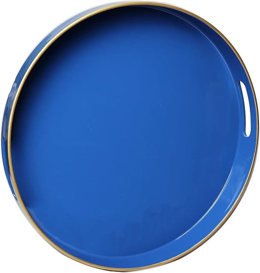 Spsyrine Round Blue Decorative Tray, 13" Plastic Serving Table Tray with Handles for Breakfast, Ottoman, Coffee Table, Bathroom, Kitchen, Living Room