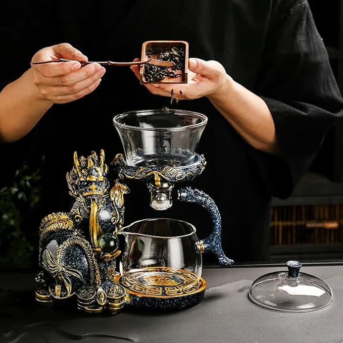 Glass Teapot Set with Infuser Semi Automatic Dragon Tea Set with 6 Small Cups (Blue golden dragon)