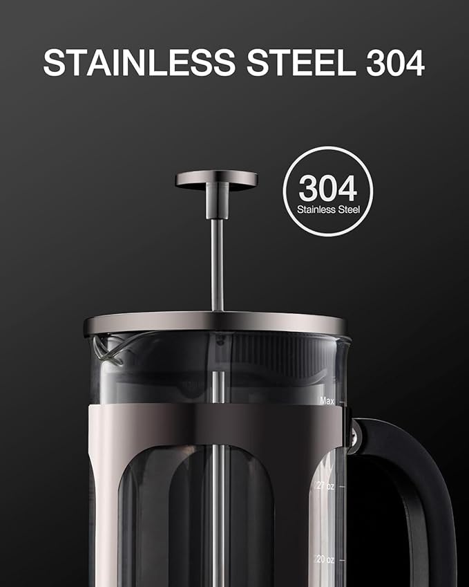 BAYKA French Press Coffee Maker, 4-Level Filtration, Easy to use, Large 304 Stainless Steel Press, Cold Brew Heat Resistant Thickened Borosilicate Pot for Camping Travel Gifts, 34 Ounce, Dark Pewter