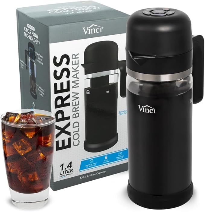 VINCI Express Cold Brew, Electric Cold Brew Coffee Maker in 10 Minutes, Glass Carafe, 3 Brew Strength Settings & Cleaning Cycle, Easy to Use & Clean 1.4 Liters Push Button Control