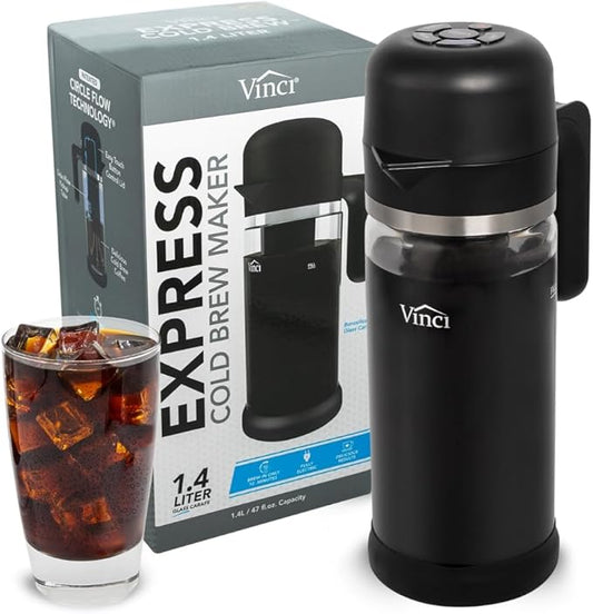 VINCI Express Cold Brew, Electric Cold Brew Coffee Maker in 10 Minutes, Glass Carafe, 3 Brew Strength Settings & Cleaning Cycle, Easy to Use & Clean 1.4 Liters Push Button Control