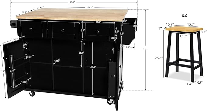 Yayzy Rolling Kitchen Island with 2 Bar Stools, Drop Leaf, Cabinet Door Storage Racks & 3 Drawers, Mobile Kitchen Cart with Rubberwood Top & Locking Wheels for Dining Room & Kitchen, 53-Inch, Black