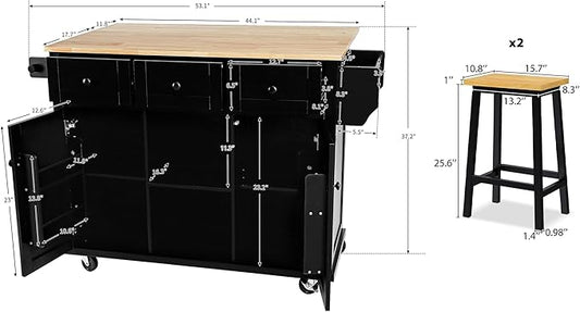 Yayzy Rolling Kitchen Island with 2 Bar Stools, Drop Leaf, Cabinet Door Storage Racks & 3 Drawers, Mobile Kitchen Cart with Rubberwood Top & Locking Wheels for Dining Room & Kitchen, 53-Inch, Black