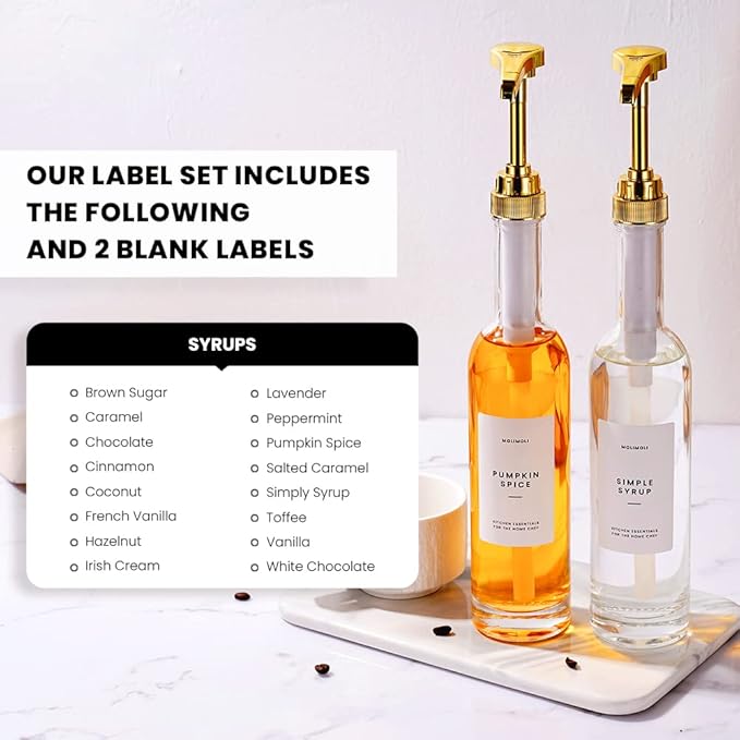 MoliMoli Coffee Syrup Dispenser for Coffee Bar, 350mlCoffee Pump Dispenser, Glass Syrup Bottle w. Pumps, Simple Syrup Dispenser w. Labels,Set of 2, (Gold)