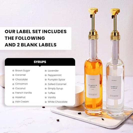MoliMoli Coffee Syrup Dispenser for Coffee Bar, 350mlCoffee Pump Dispenser, Glass Syrup Bottle w. Pumps, Simple Syrup Dispenser w. Labels,Set of 2, (Gold)