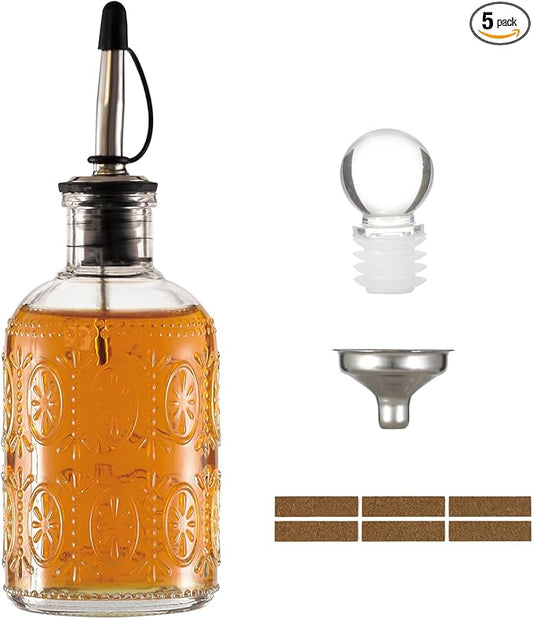 Retro Glass Syrup Dispenser Bottle 7oz, Oil and Vinegar Cruet with Stainless Steel Pour Spout, Labels, Funnel & Stopper(Floral-B)